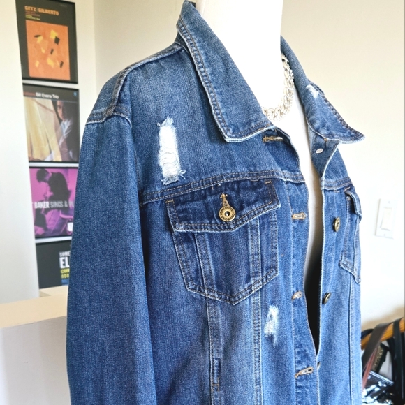 New One 5 One Distressed Denim Trucker Jacket Medium Wash 2X Plus - Picture 3 of 11
